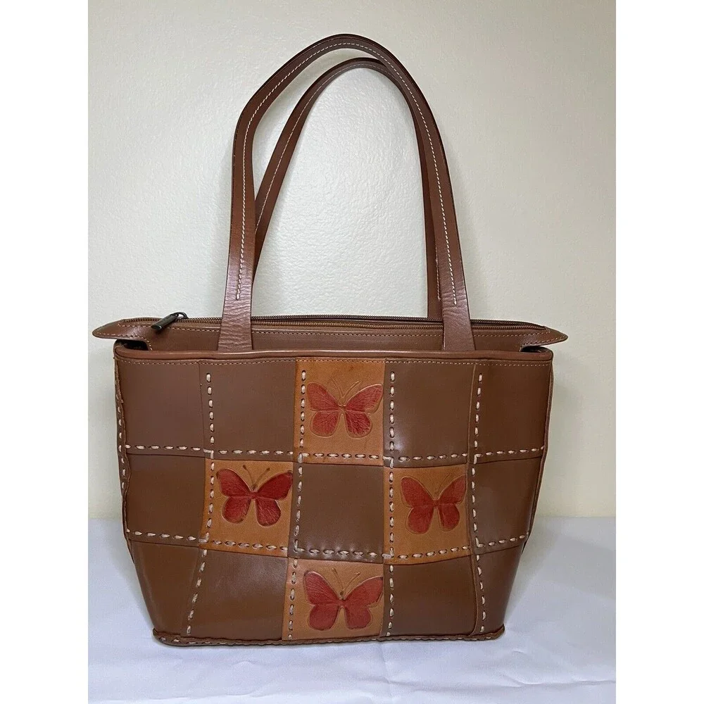 VTG ELLEPI BROWN LEATHER HANDMADE PATCHES M‎ ZIP SHOULDER HOBO/TOTE BAG, Italy